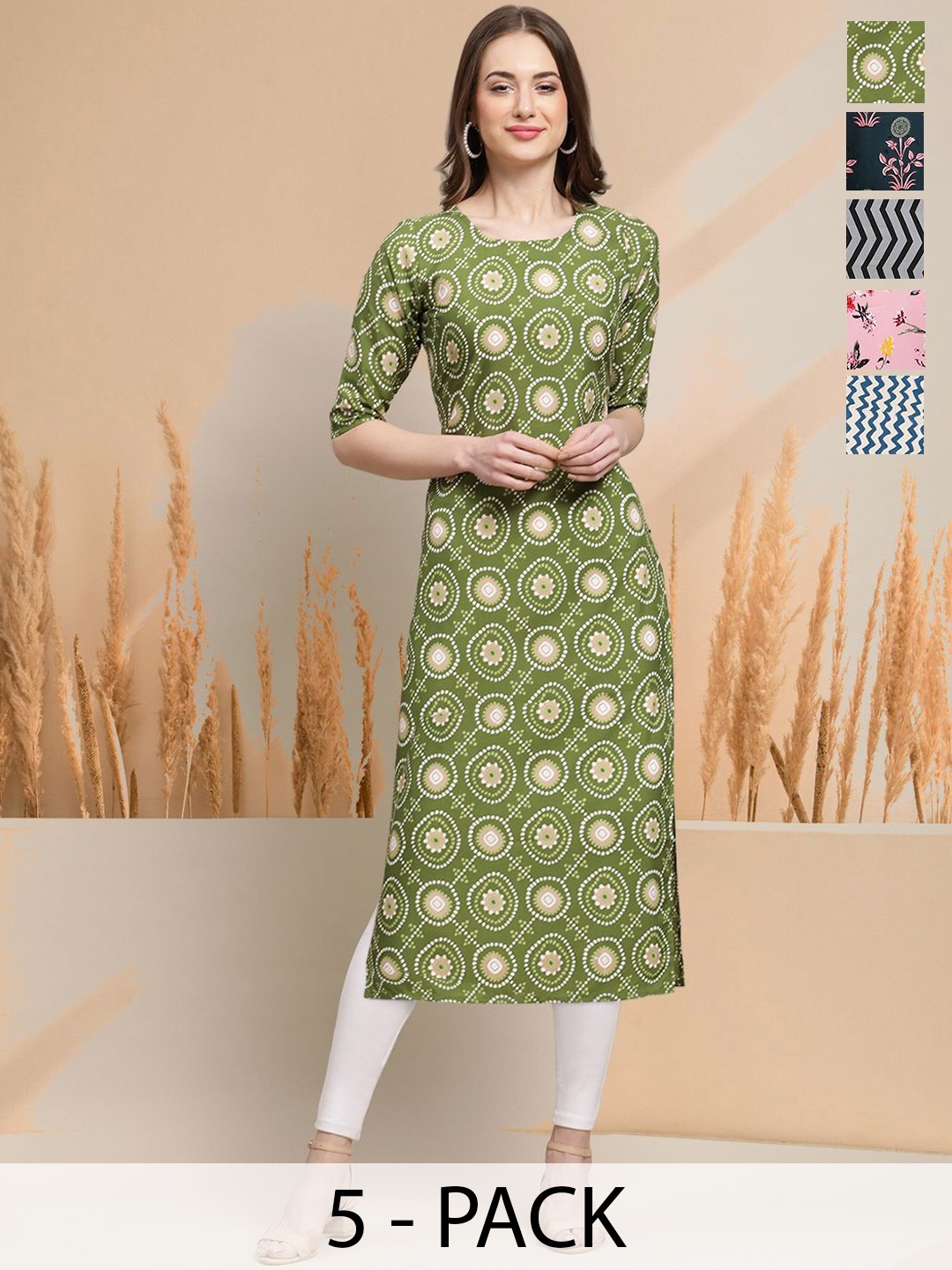 

7Threads Selection of 5 Floral Printed Round Neck Straight Kurtas, Green
