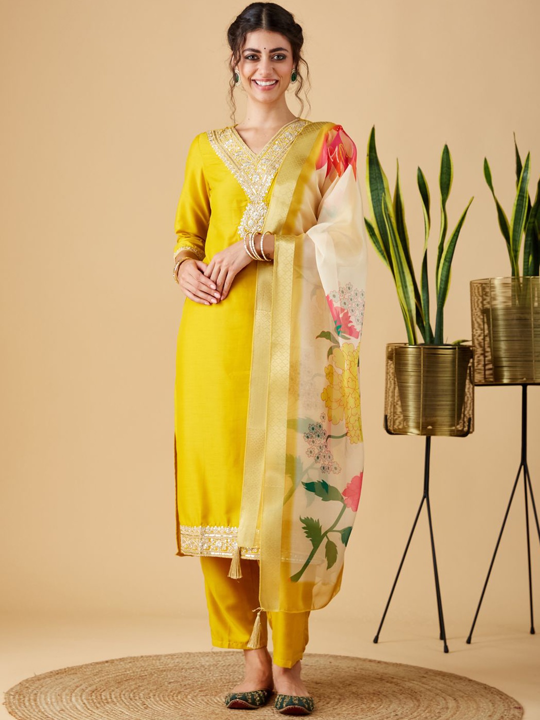 

MOKOSH Floral Embroidered V-Neck Straight Kurta With Trousers And Dupatta, Yellow