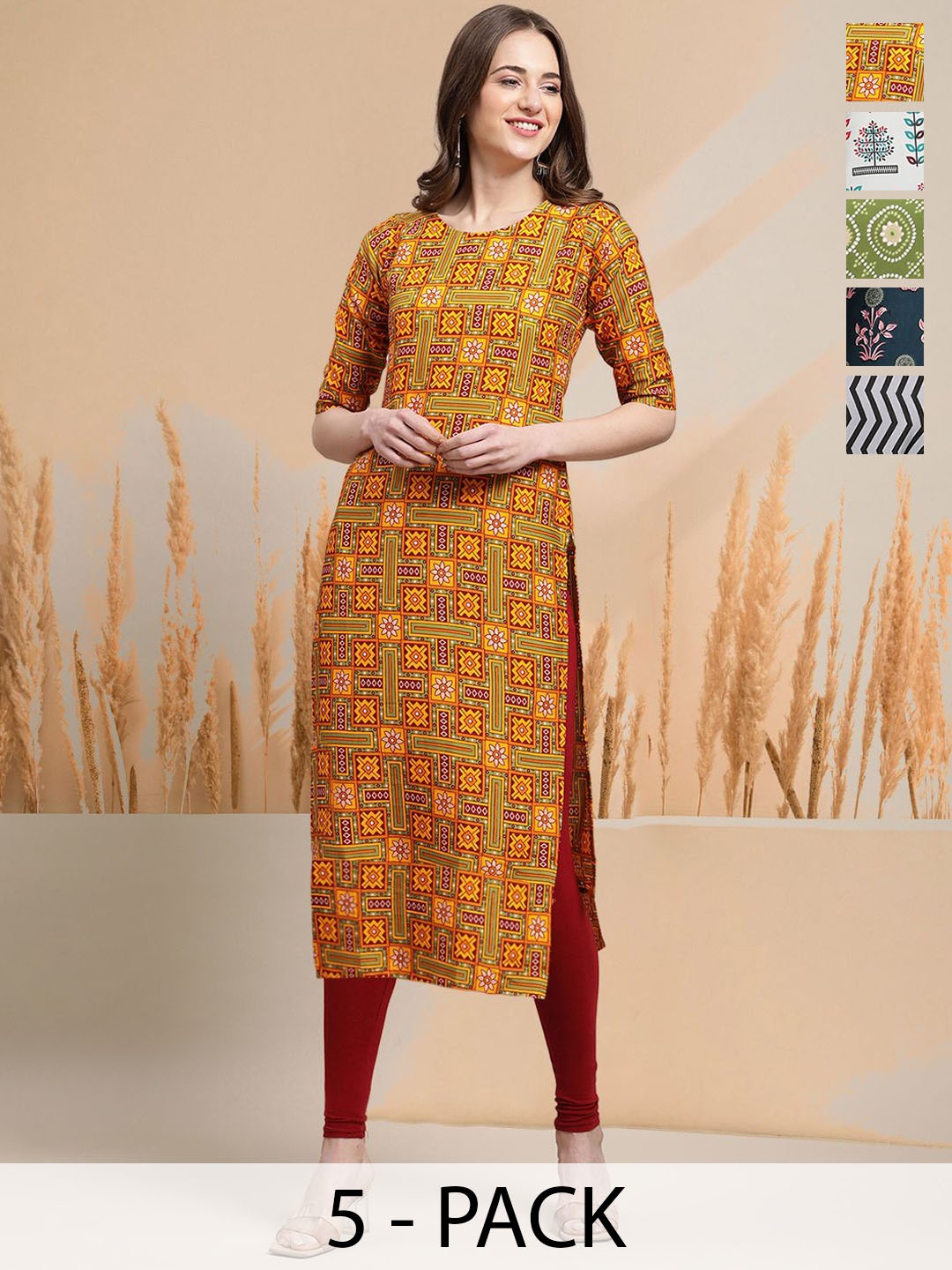 

7Threads Selection Of 5 Ethnic Motifs Printed Round Neck Straight Kurtas, Orange