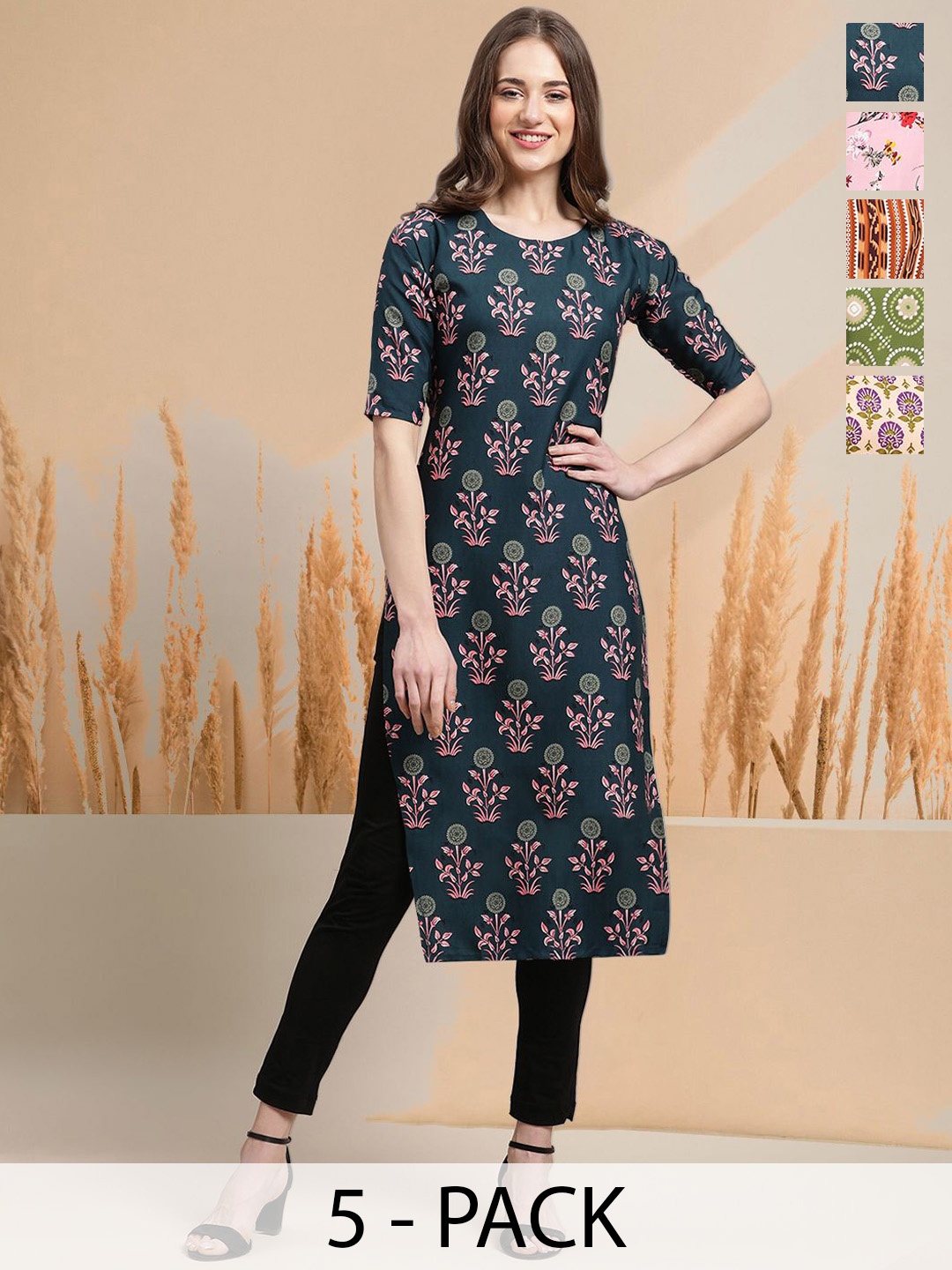 

7Threads Selection of 5 Floral Printed Round Neck Straight Kurtas, Green