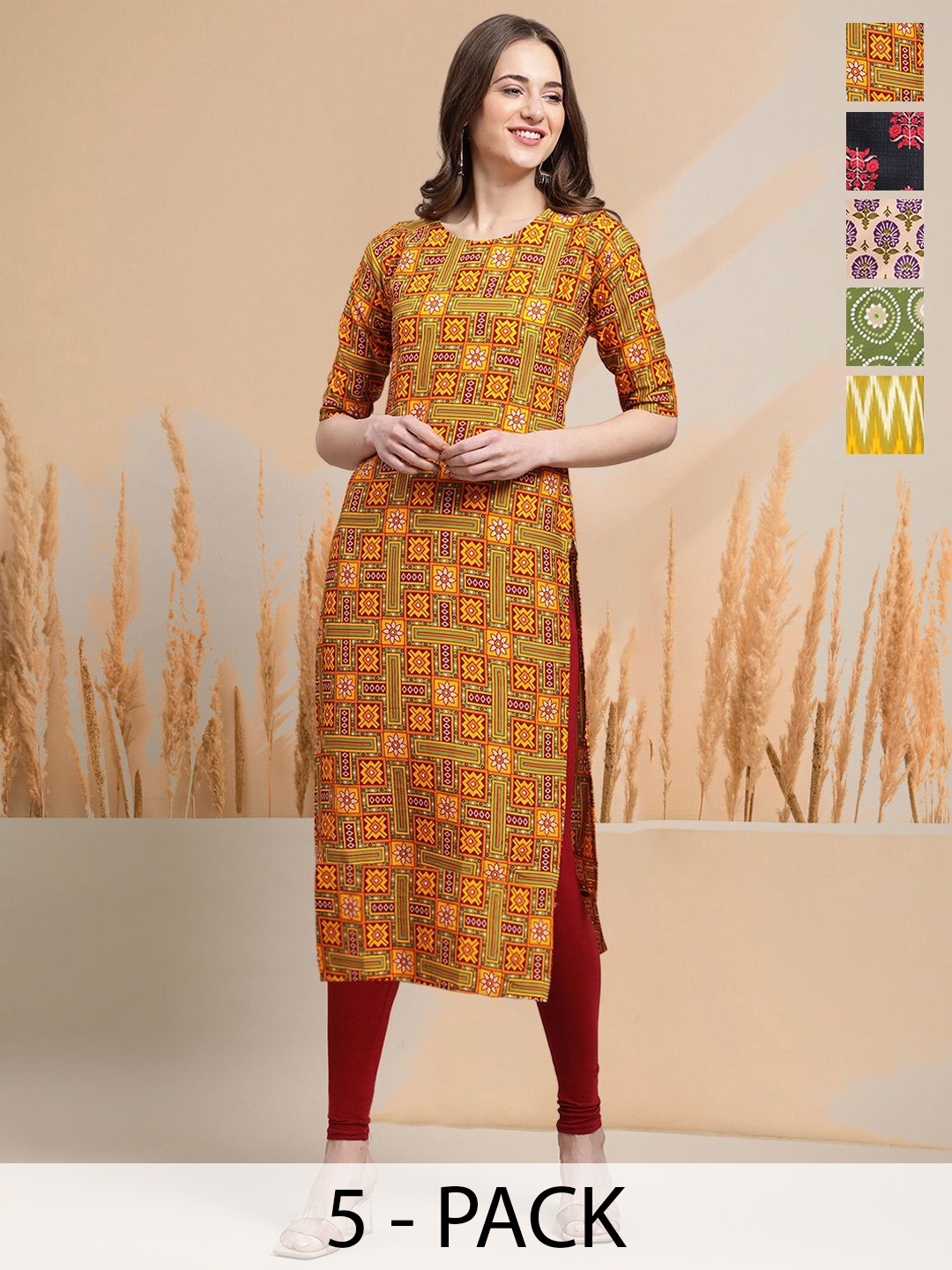 

7Threads Selection Of 5 Geometric Printed Round Neck Straight Kurtas, Mustard