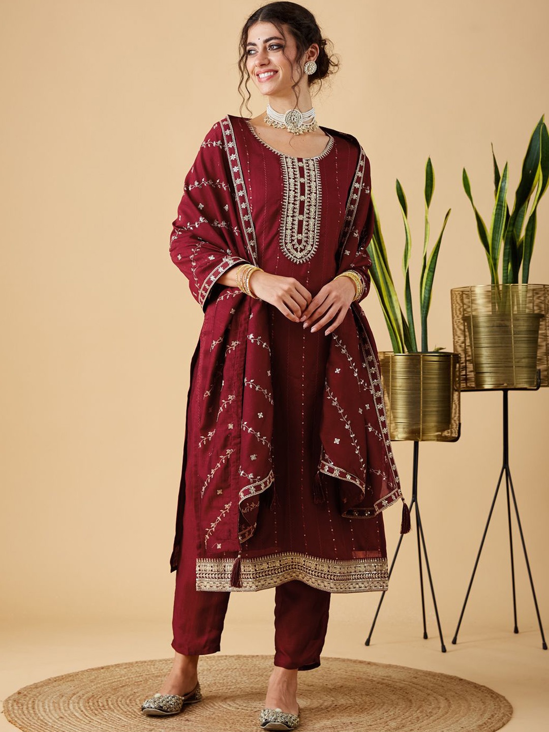 

MOKOSH Floral Embroidered Straight Kurta With Trousers And Dupatta, Maroon