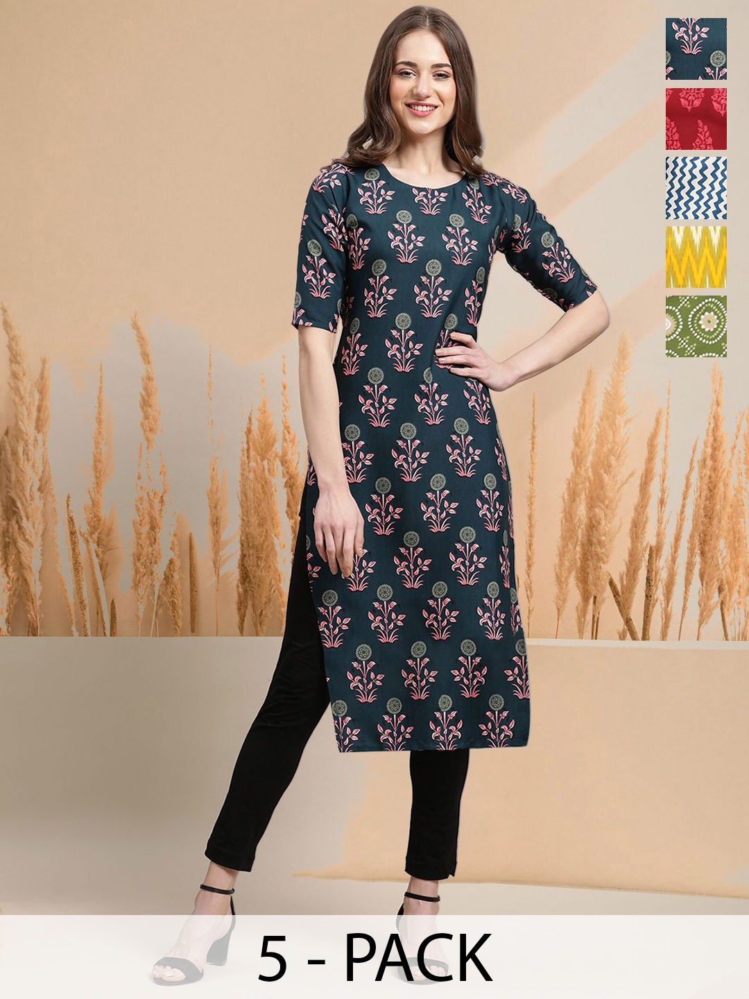 

7Threads Selection Of 5 Floral Printed Round Neck Straight Kurtas, Green