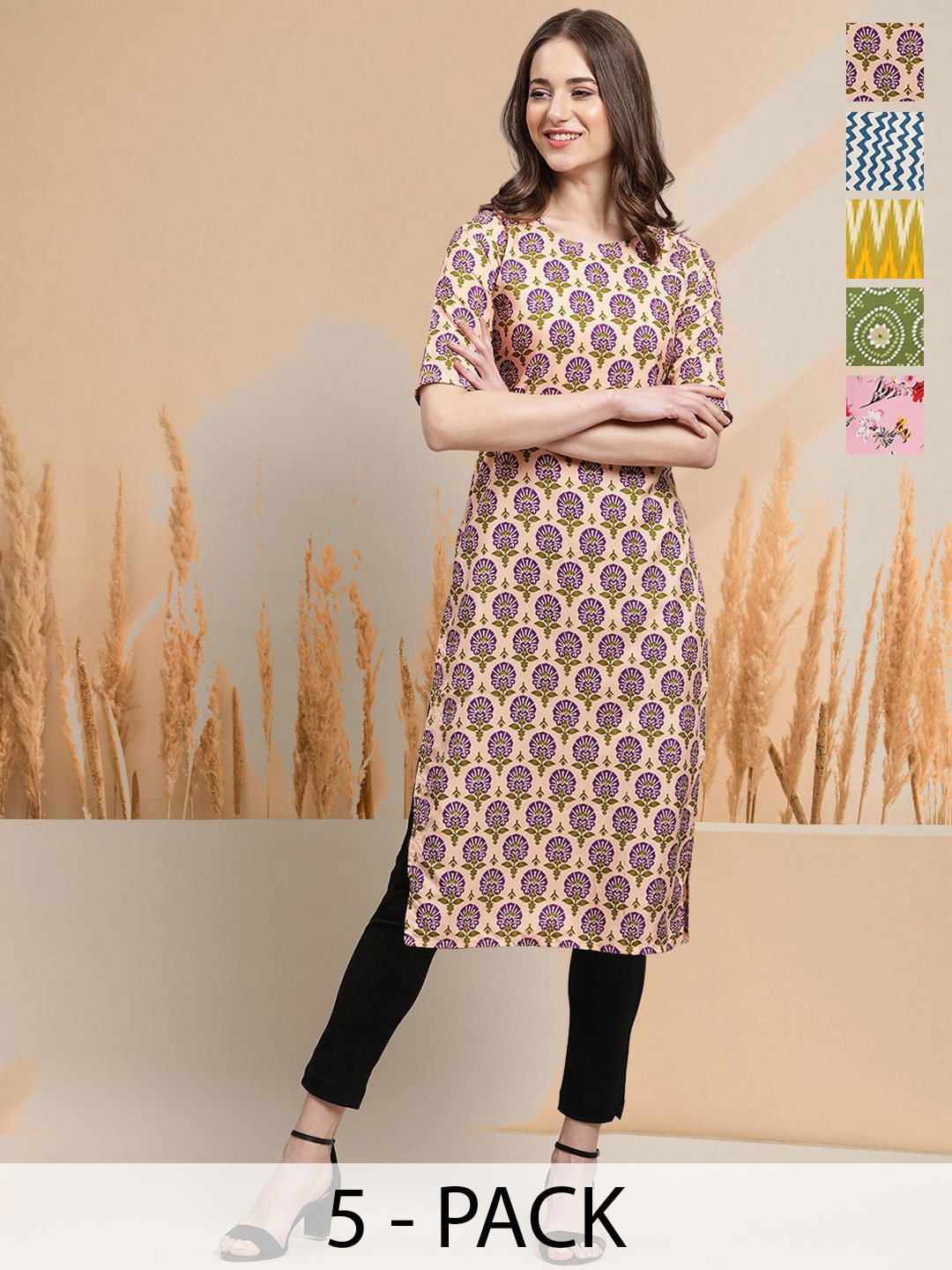 

7Threads Selection Of 5 Floral Printed Round Neck Straight Kurtas, Cream