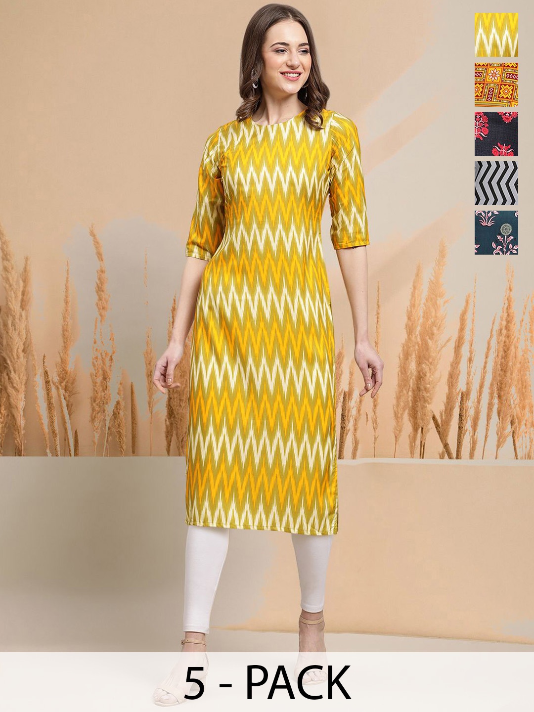 

7Threads Selection of 5 Chevron Printed Round Neck Straight Kurtas, Yellow