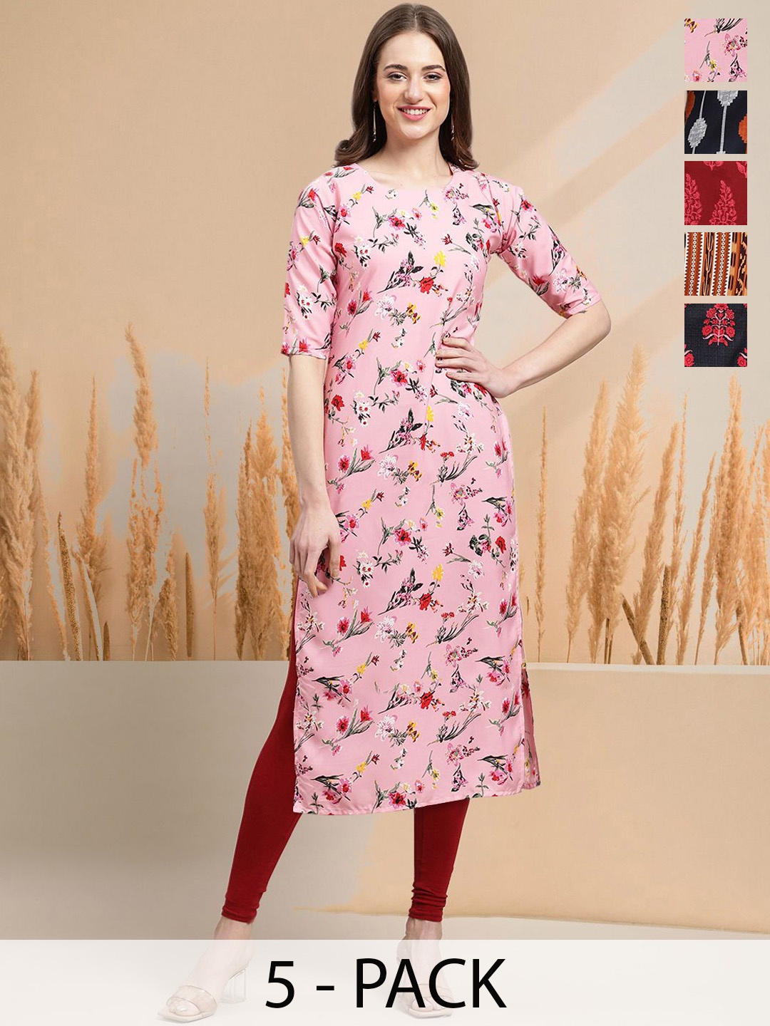 

7Threads Selection Of 5 Floral Printed Round Neck Straight Kurtas, Pink