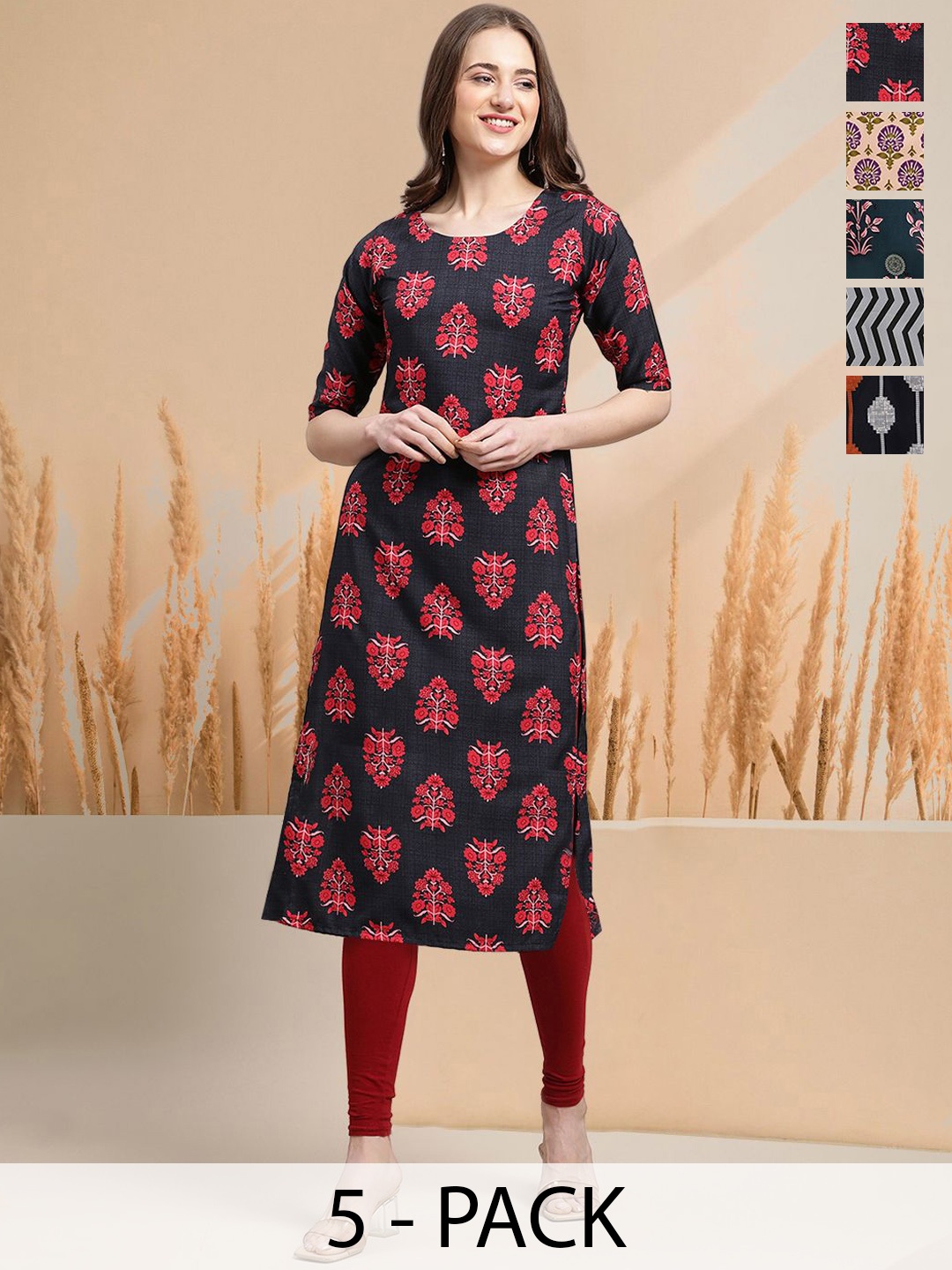 

7Threads Selection Of 5 Floral Printed Round Neck Kurtas, Navy blue