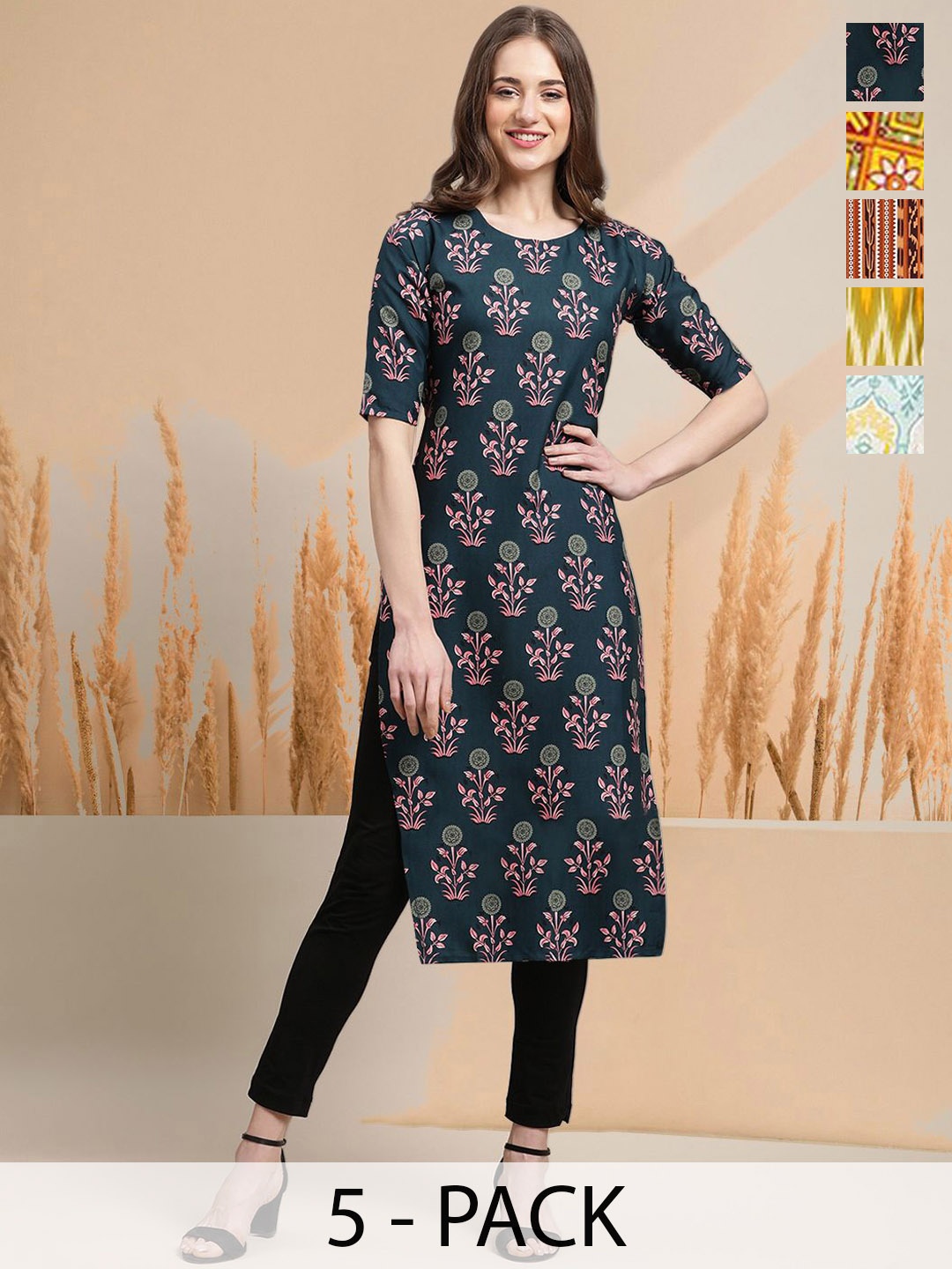 

7Threads Selection of 5 Floral Printed Round Neck Straight Kurtas, Green