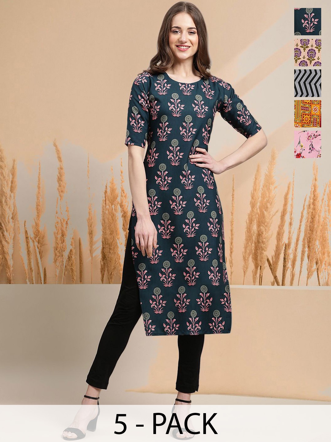 

7Threads Selection Of 5 Floral Printed Round Neck Straight Kurtas, Navy blue