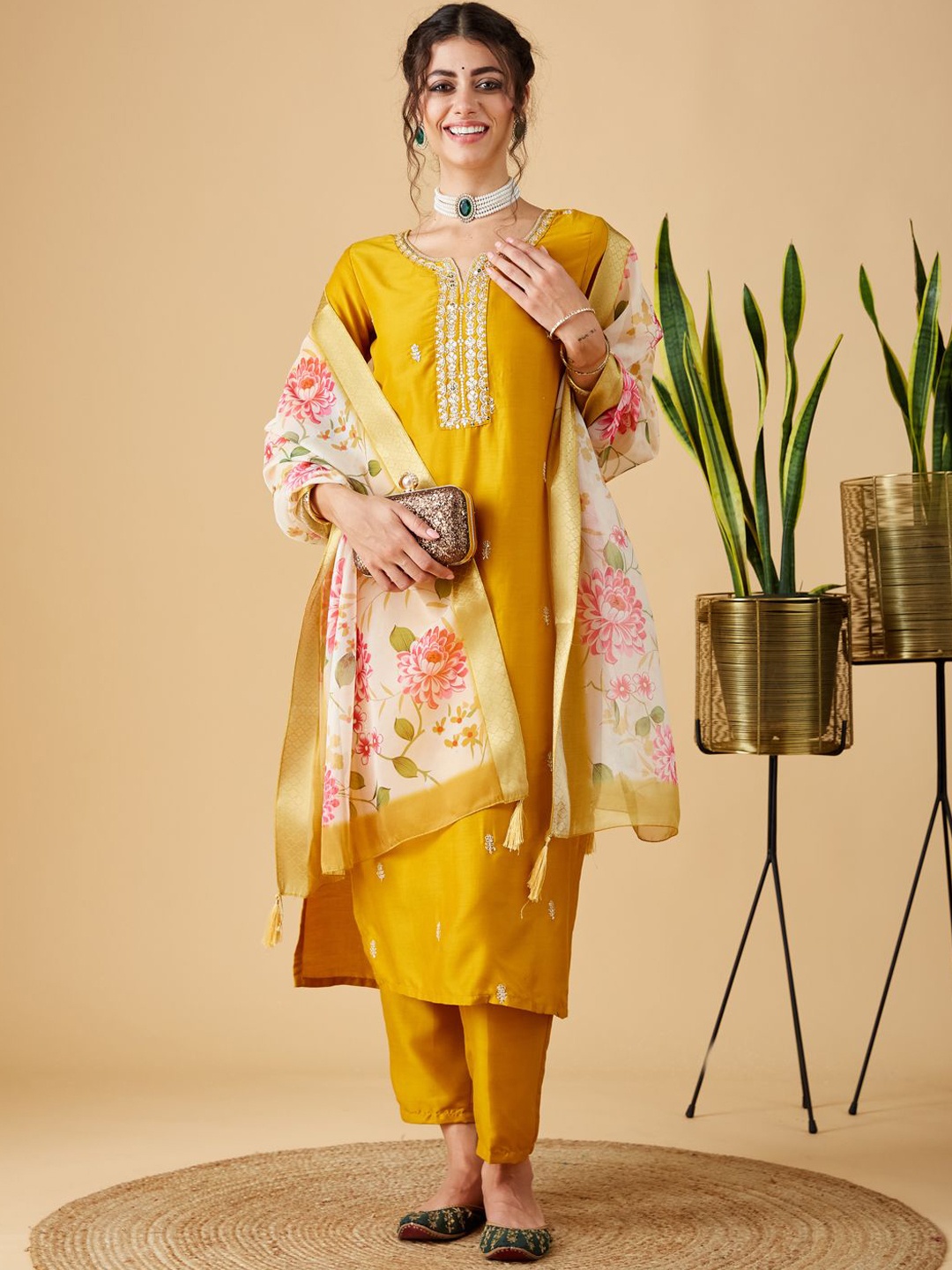 

MOKOSH Floral Embroidered Notch Neck Straight Kurta With Trousers And Dupatta, Yellow