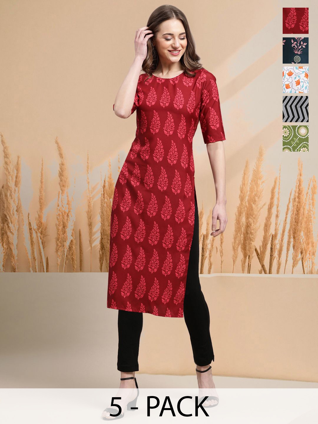 

7Threads Selection of 5 Floral Printed Round Neck Straight Kurtas, Red