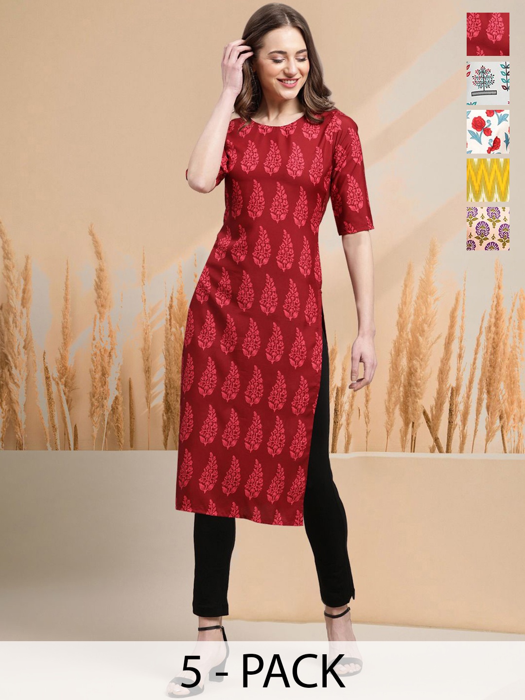 

7Threads Selection Of 5 Floral Printed Round Neck Straight Kurtas, Red
