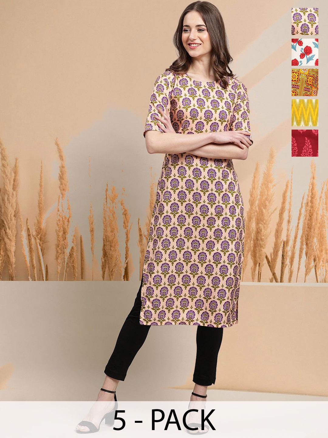 

7Threads Selection Of 5 Floral Printed Round Neck Straight Kurtas, Cream