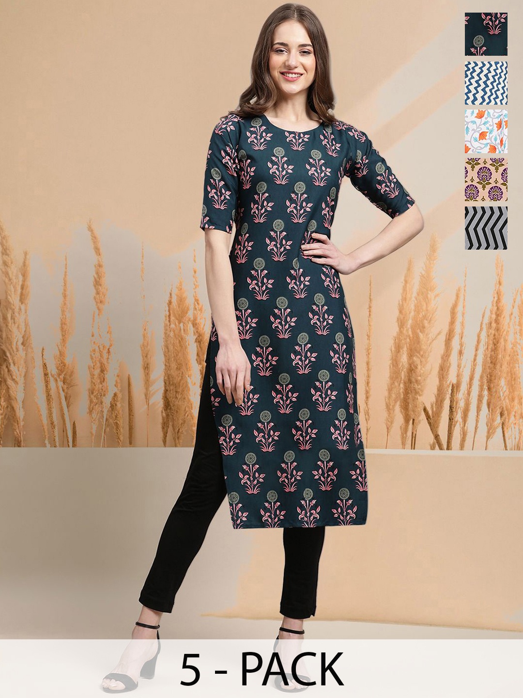 

7Threads Selection of 5 Floral Printed Round Neck Straight Kurtas, Teal