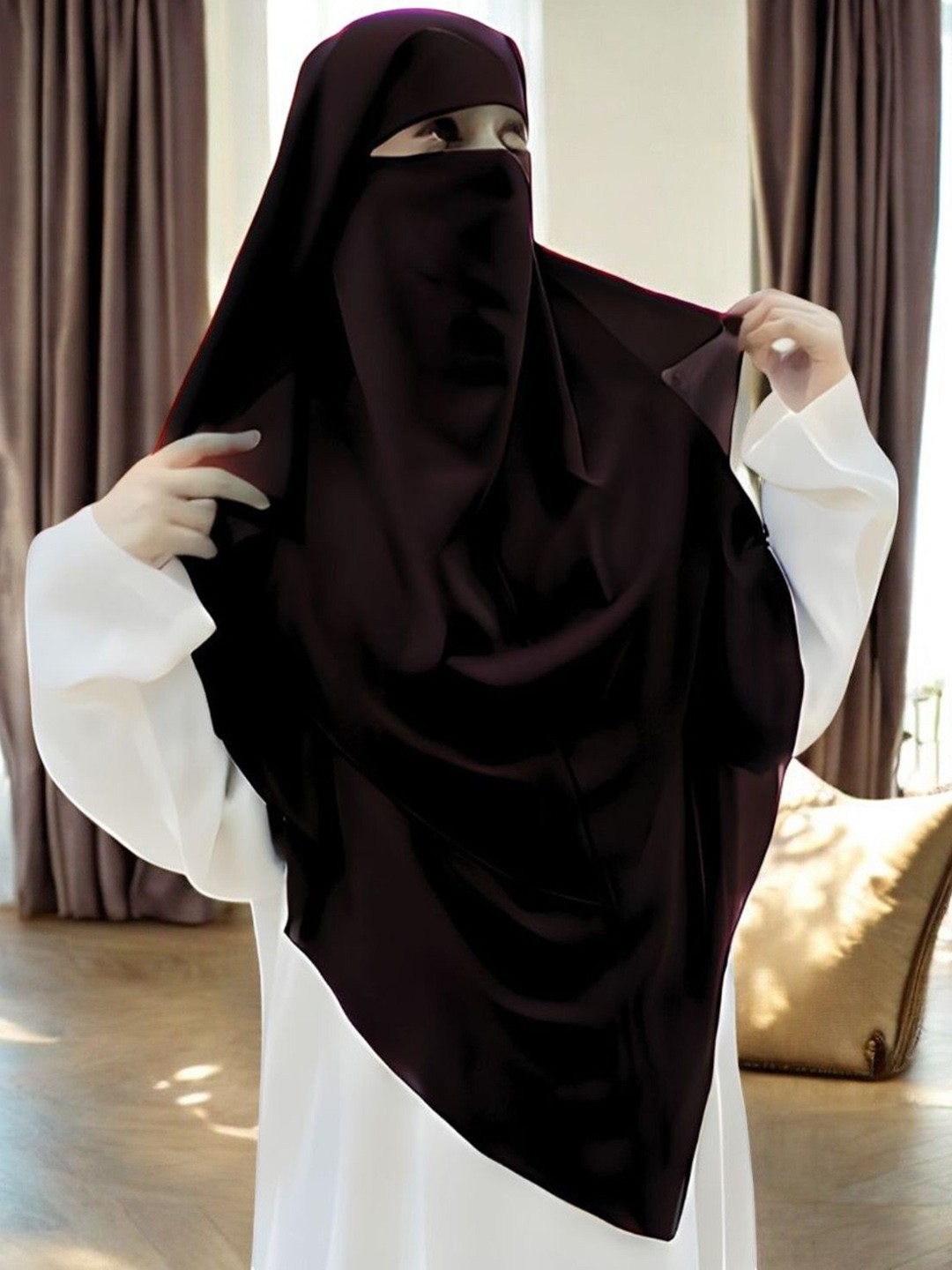 

MUSHKIYA Women Solid Two-Layer Triangle Hijab Burqa With Tie-Back, Black