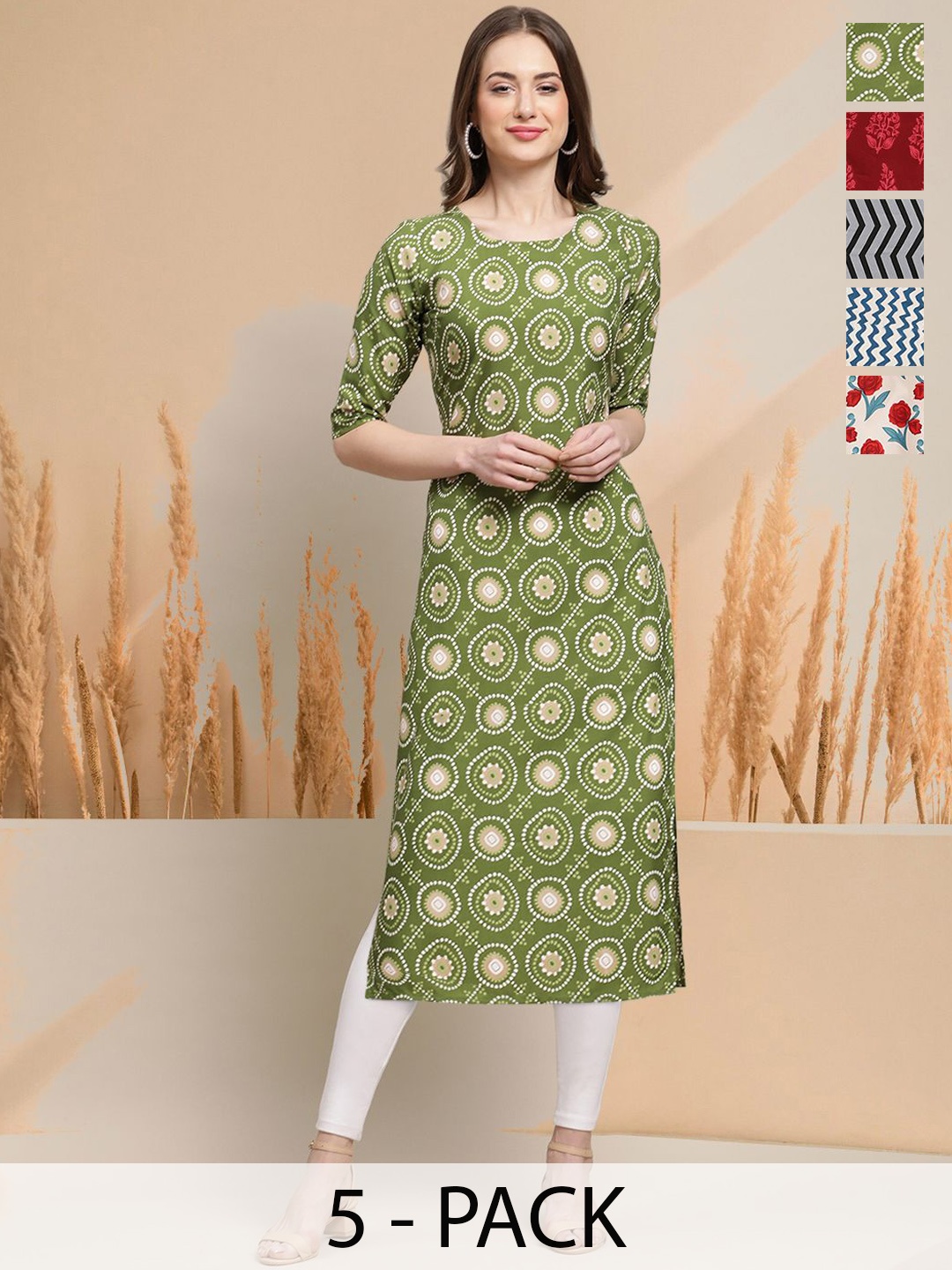 

7Threads Selection of 5 Geometric Printed Round Neck Straight Kurtas, Green