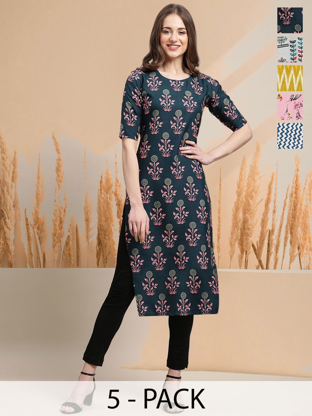 

7Threads Selection Of 5 Floral Printed Round Neck Straight Kurtas, Navy blue