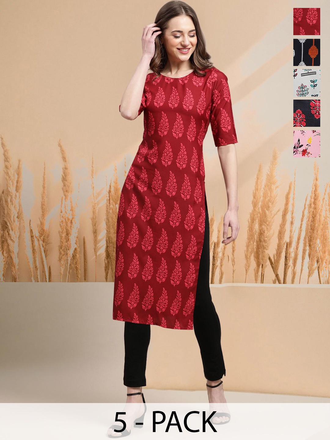 

7Threads Selection Of 5 Floral Printed Round Neck Straight Kurtas, Red