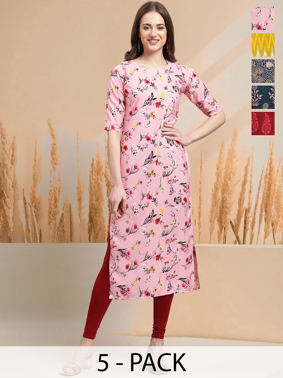 

7Threads Selection Of 5 Floral Printed Round Neck Straight Kurtas, Pink