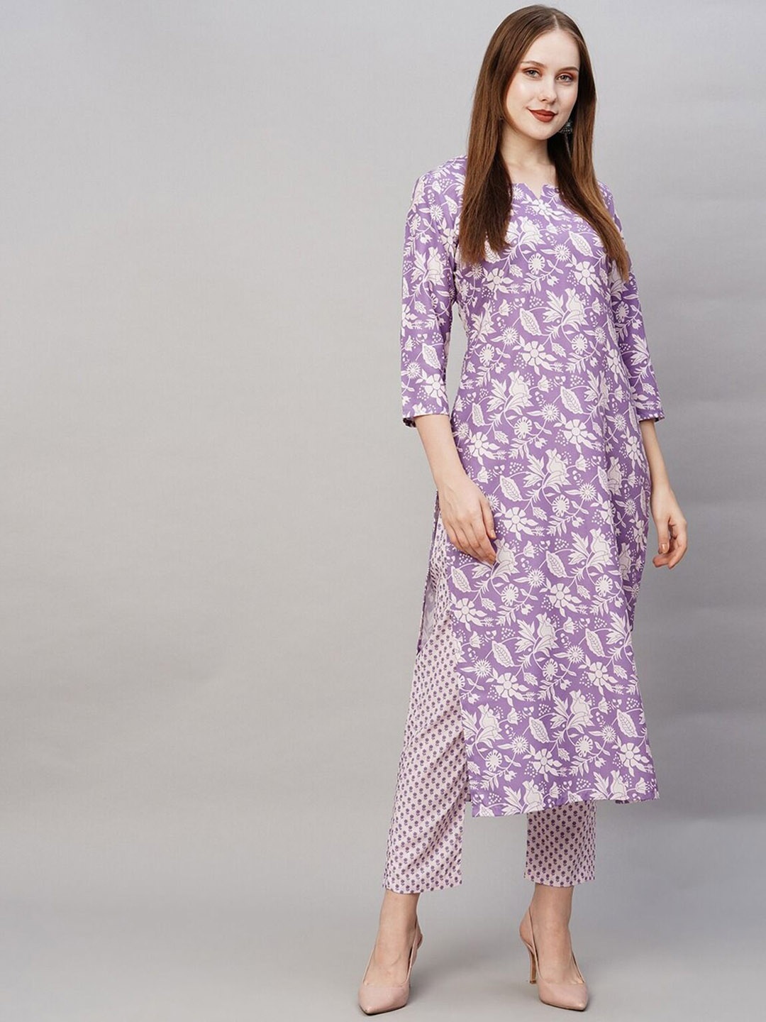 

KALINI Floral Printed Notch Neck Straight Kurta With Trousers And Dupatta, Purple