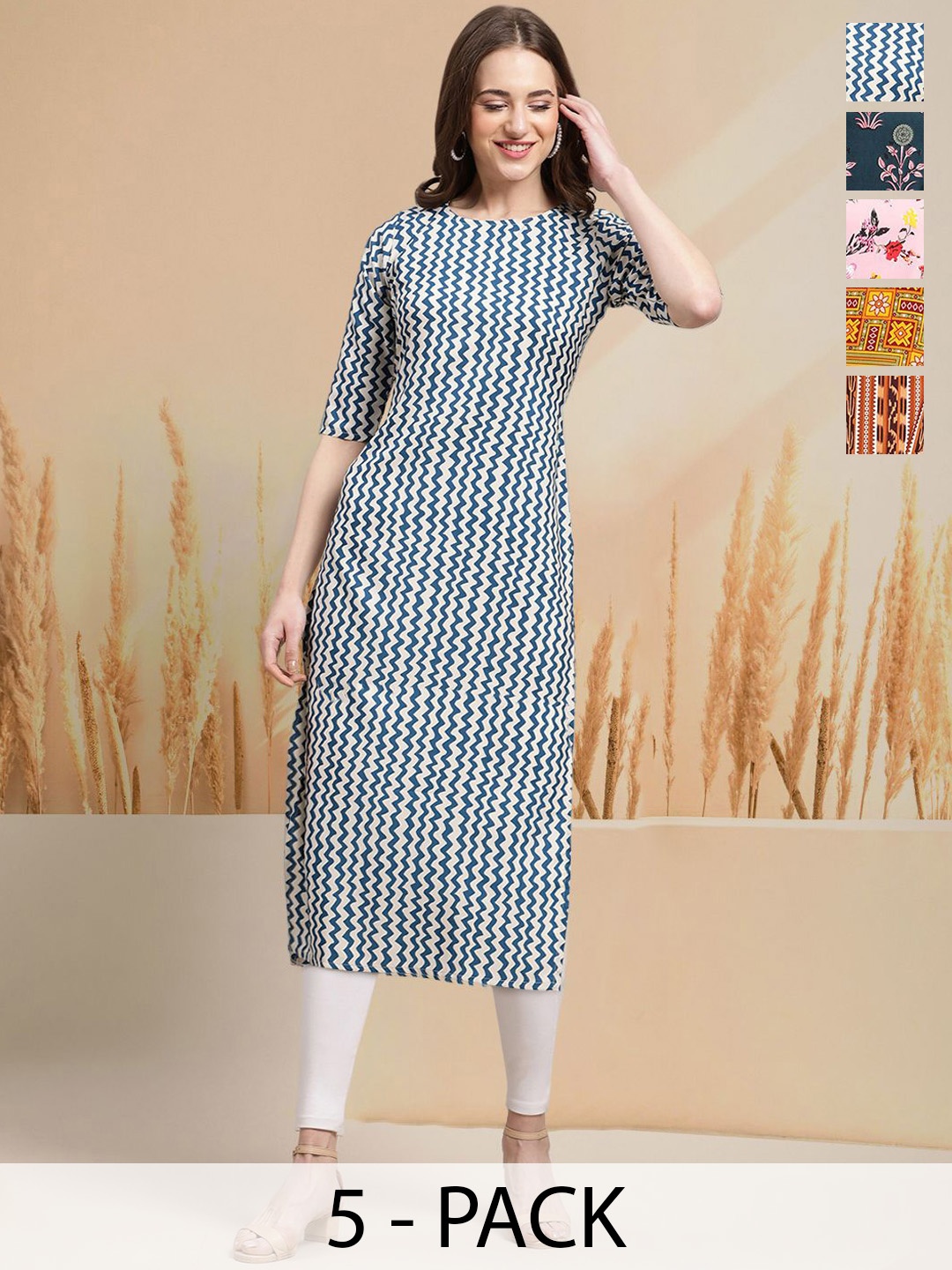 

7Threads Selection Of 5 Chevron Printed Round Neck Kurta, Blue