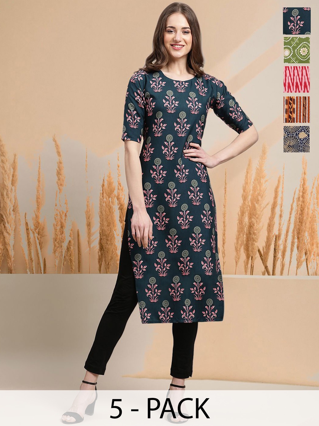 

7Threads Selection Of 5 Ethnic Motifs Printed Round Neck Straight Kurtas, Blue