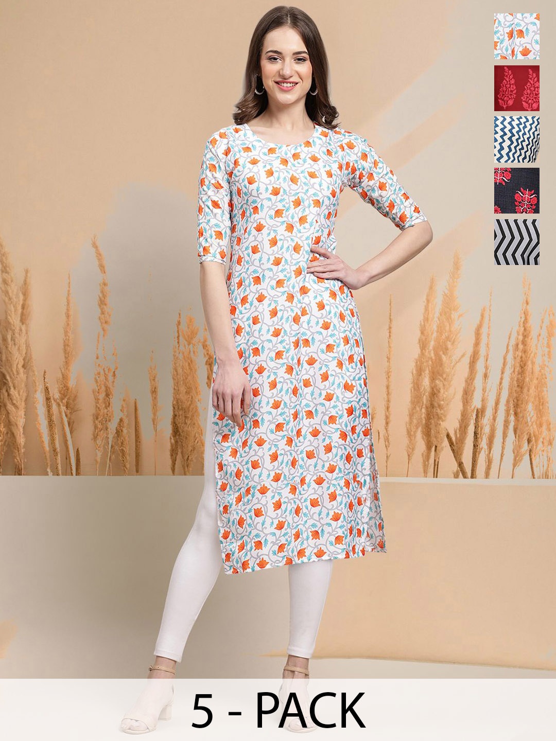 

7Threads Selection of 5 Floral Printed Round Neck Straight Kurtas, White