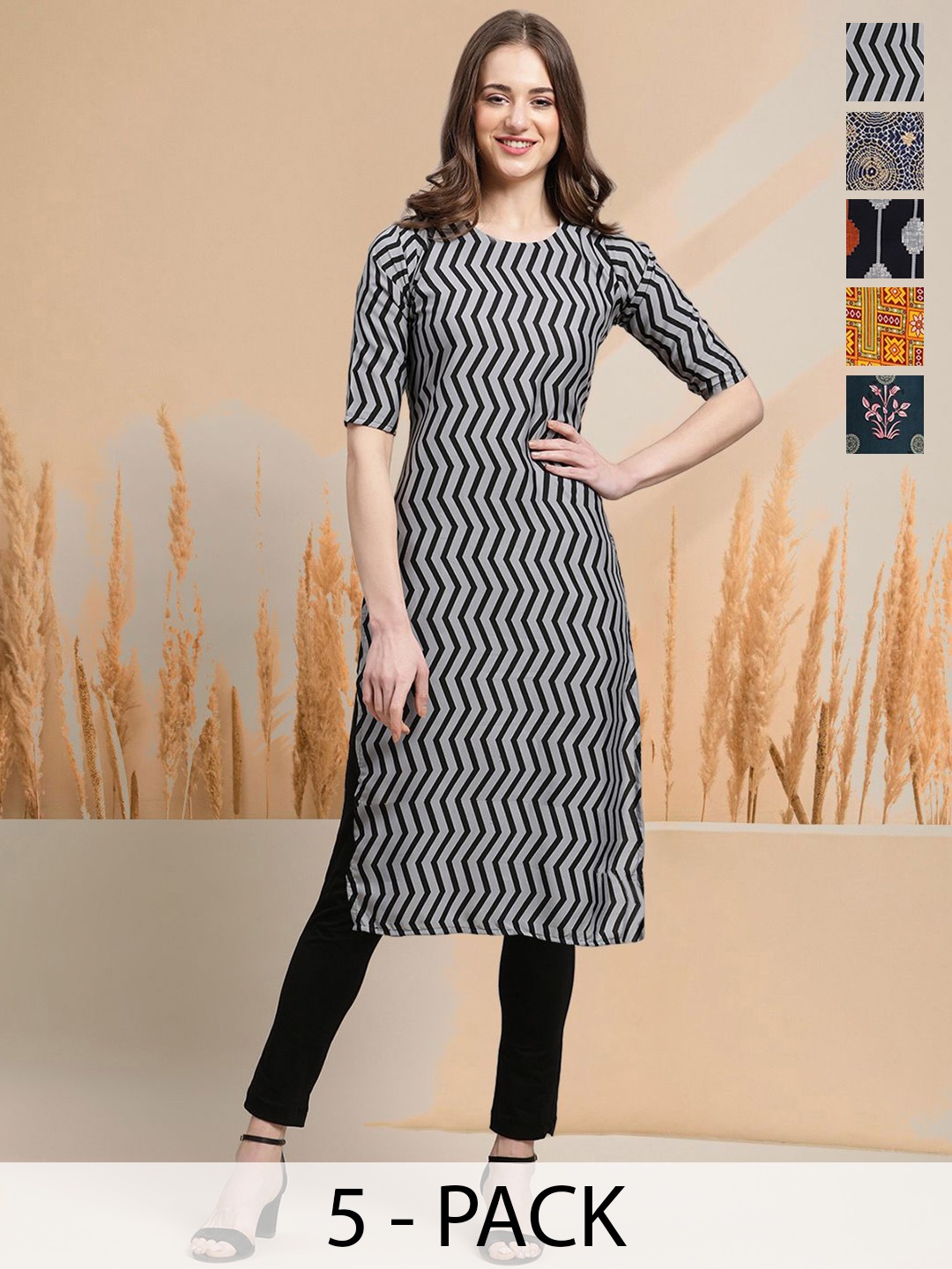 

7Threads Selection Of 5 Chevron Printed Round Neck Straight Kurtas, Grey