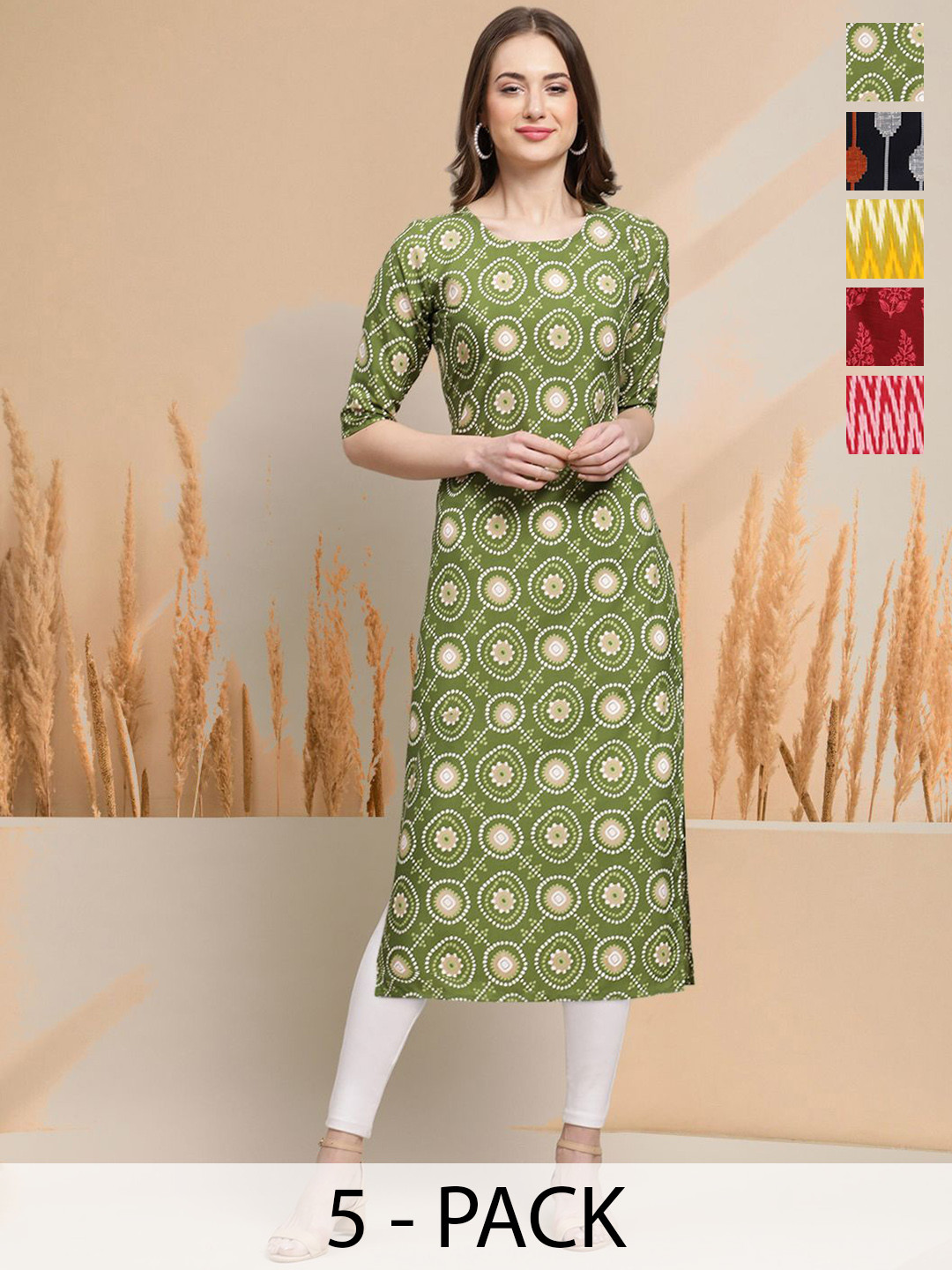 

7Threads Selection of 5 Geometric Printed Round Neck Straight Kurtas, Green