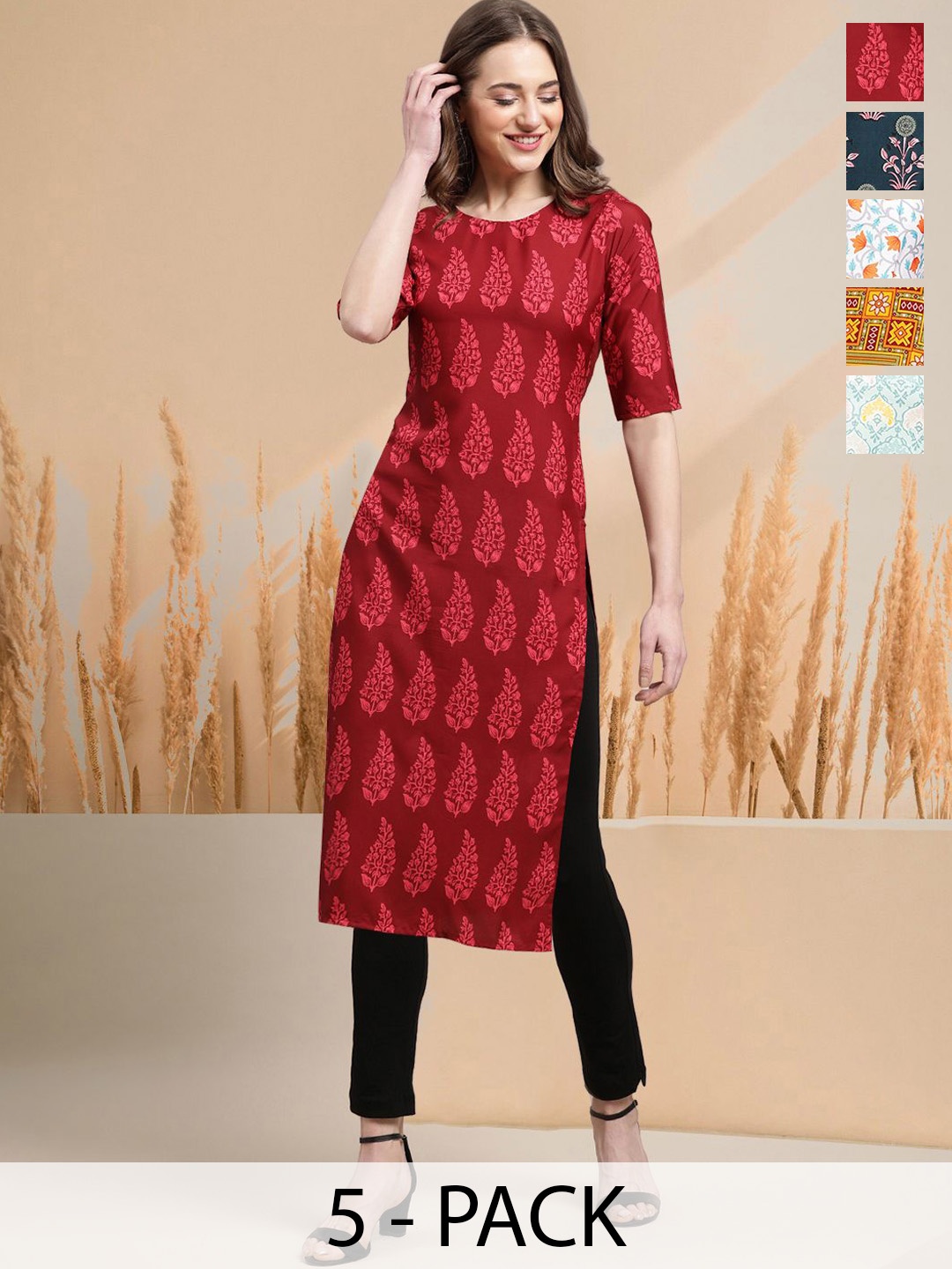 

7Threads Selection Of 5 Ethnic Motifs Printed Round Neck Straight Kurtas, Red