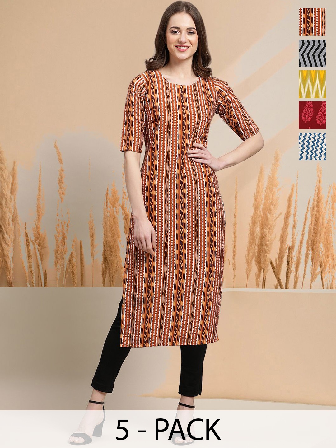 

7Threads Selection Of 5 Abstract Printed Round Neck Straight Kurtas, Brown