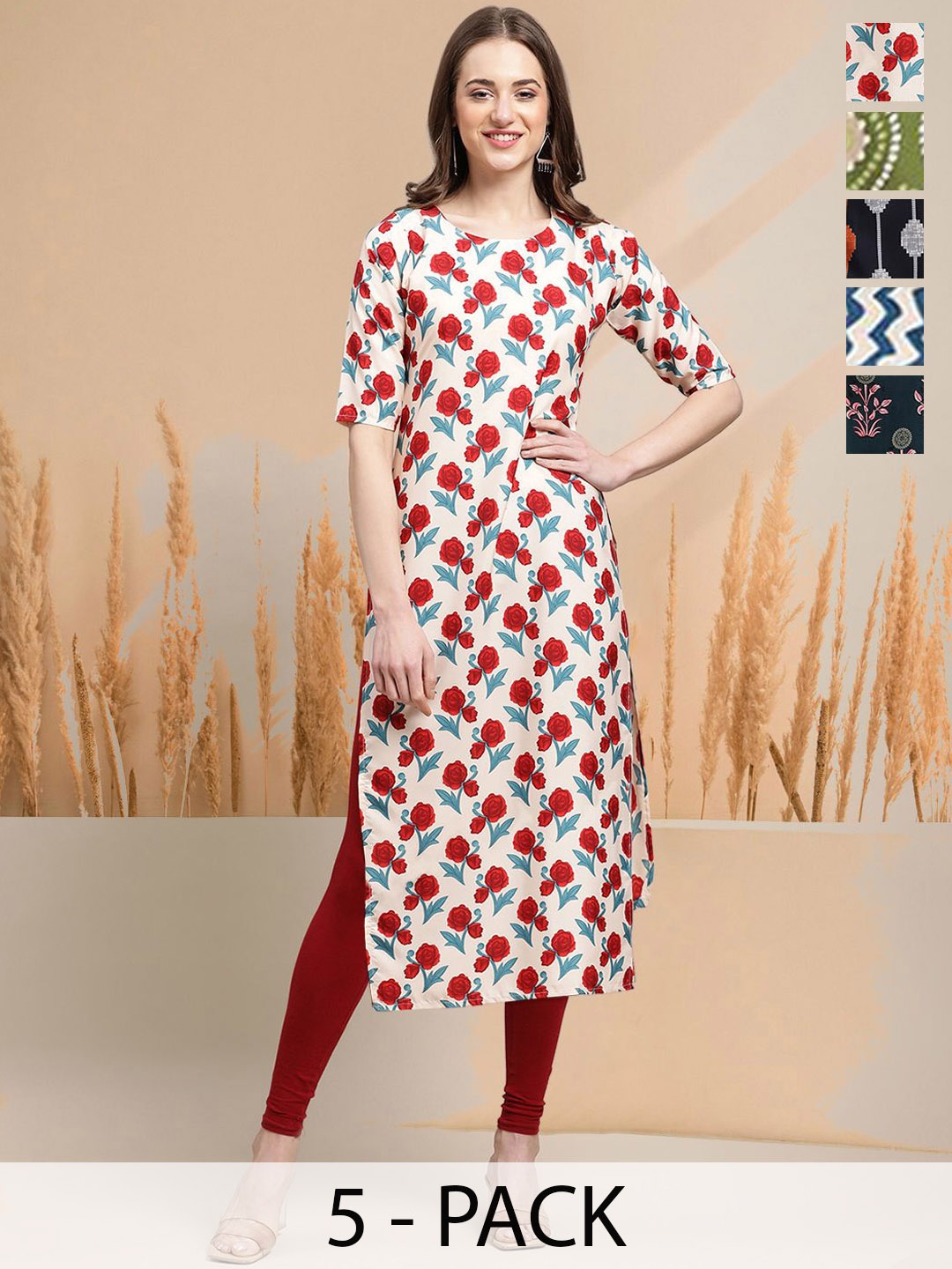 

7Threads Selection Of 5 Floral Printed Round Neck Straight Kurtas, Cream