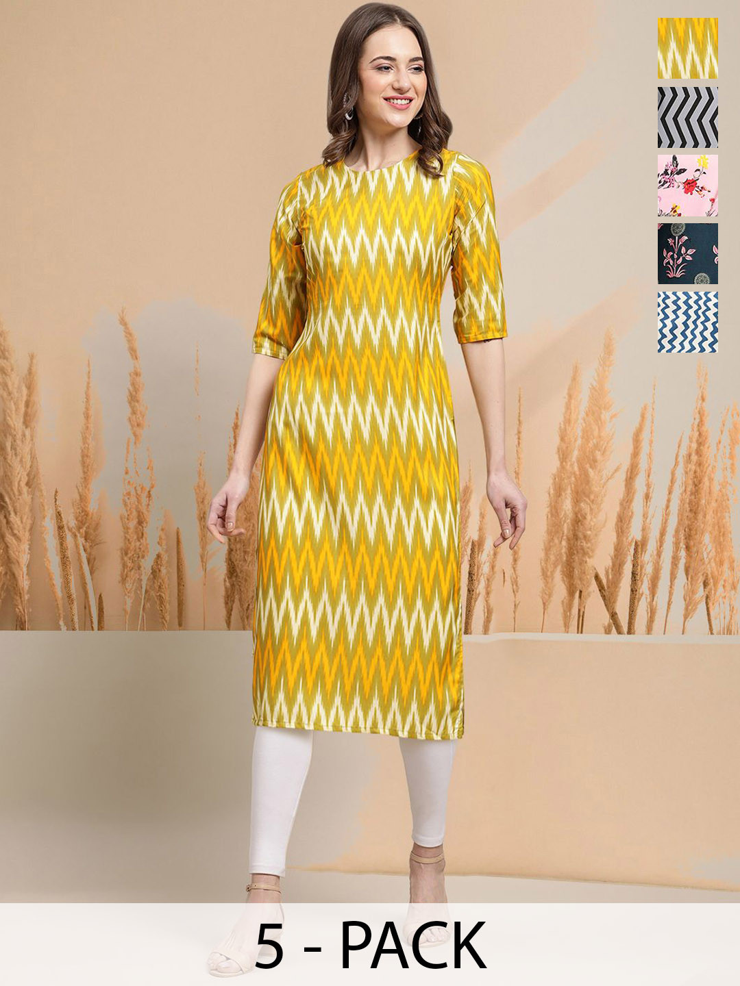 

7Threads Selection Of 5 Chevron Printed Round Neck Kurtas, Yellow