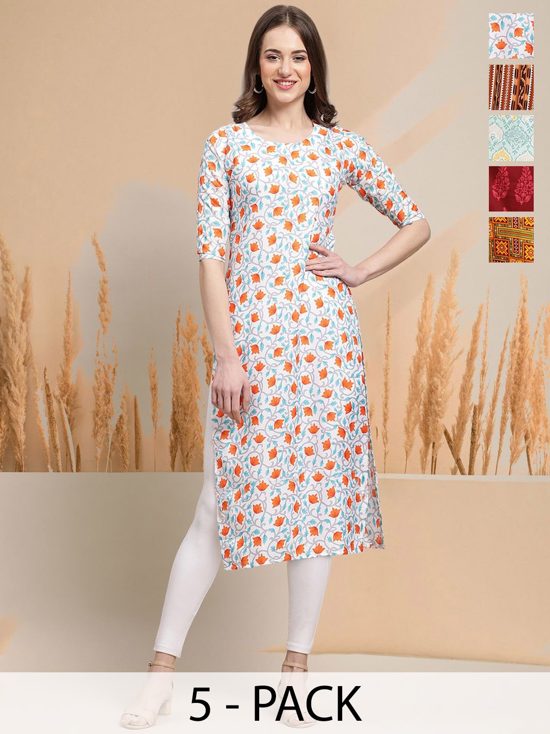 

7Threads Selection Of 5 Floral Printed Round Neck Straight Kurtas, White