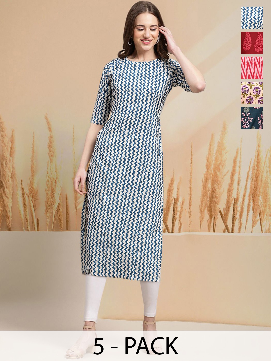 

7Threads Selection Of 5 Geometric Printed Straight Kurtas, Grey