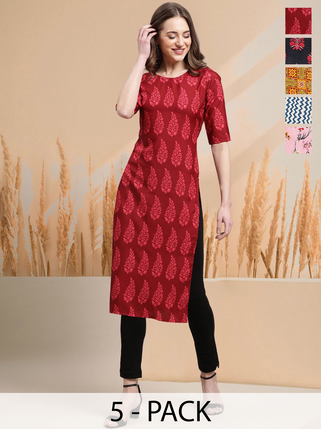 

7Threads Selection Of 5 Floral Printed Round Neck Kurtas, Red