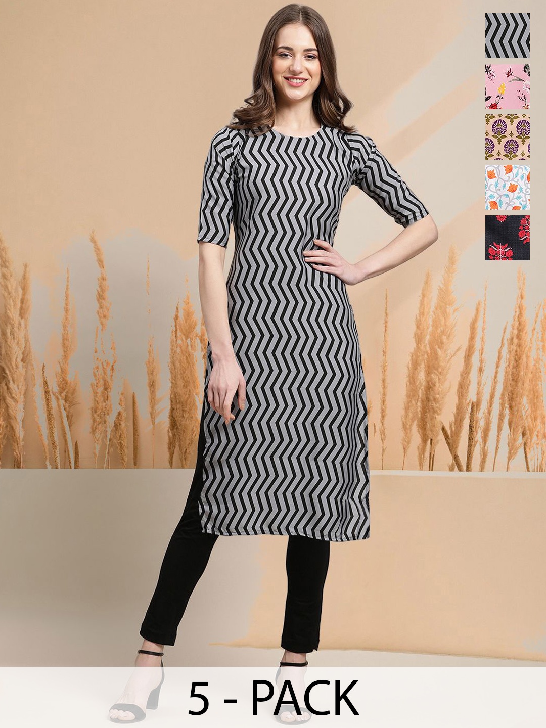 

7Threads Selection of 5 Chevron Printed Round Neck Straight Kurtas, Grey