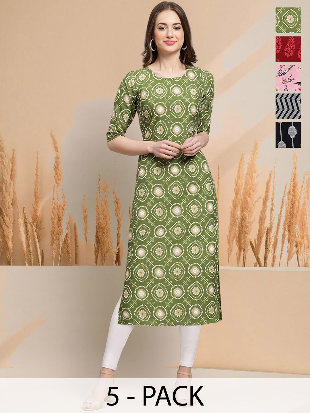 

7Threads Selection Of 5 Ethnic Motifs Printed Round Neck Straight Kurtas, Green