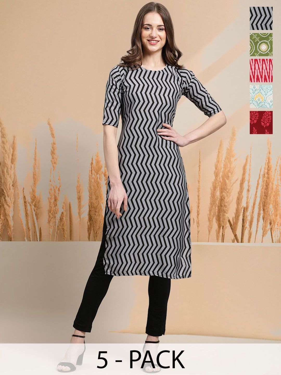 

7Threads Selection Of 5 Chevron Printed Round Neck Straight Kurtas, Grey