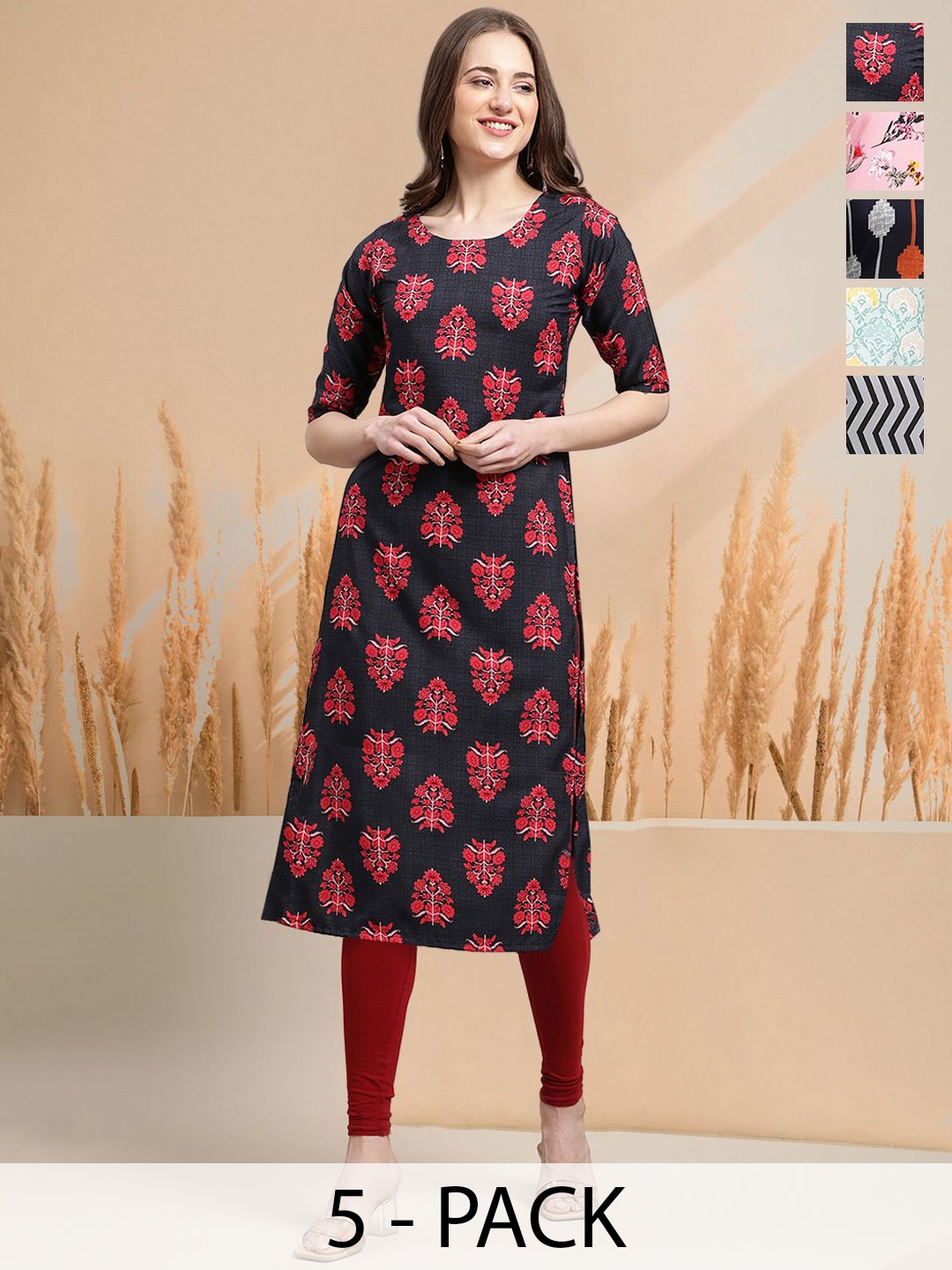 

7Threads Selection Of 5 Ethnic Motifs Printed Round Neck Straight Kurtas, Black