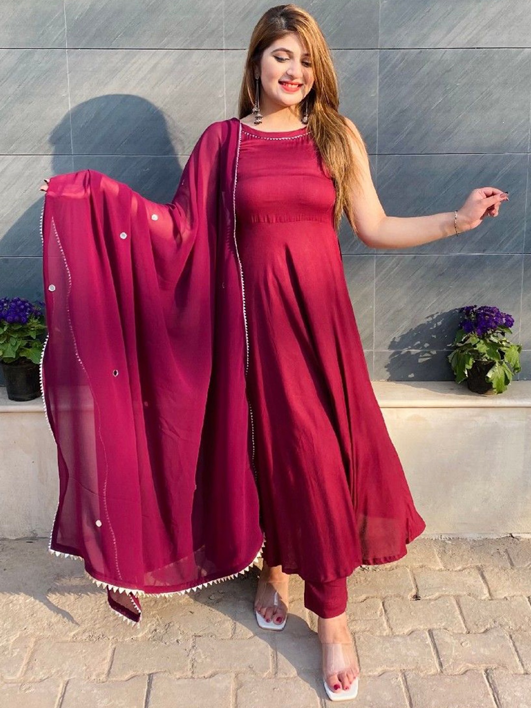 

LABEL KRISHA Round Neck Mirror Work Anarkali Kurta With Trousers And Dupatta, Maroon