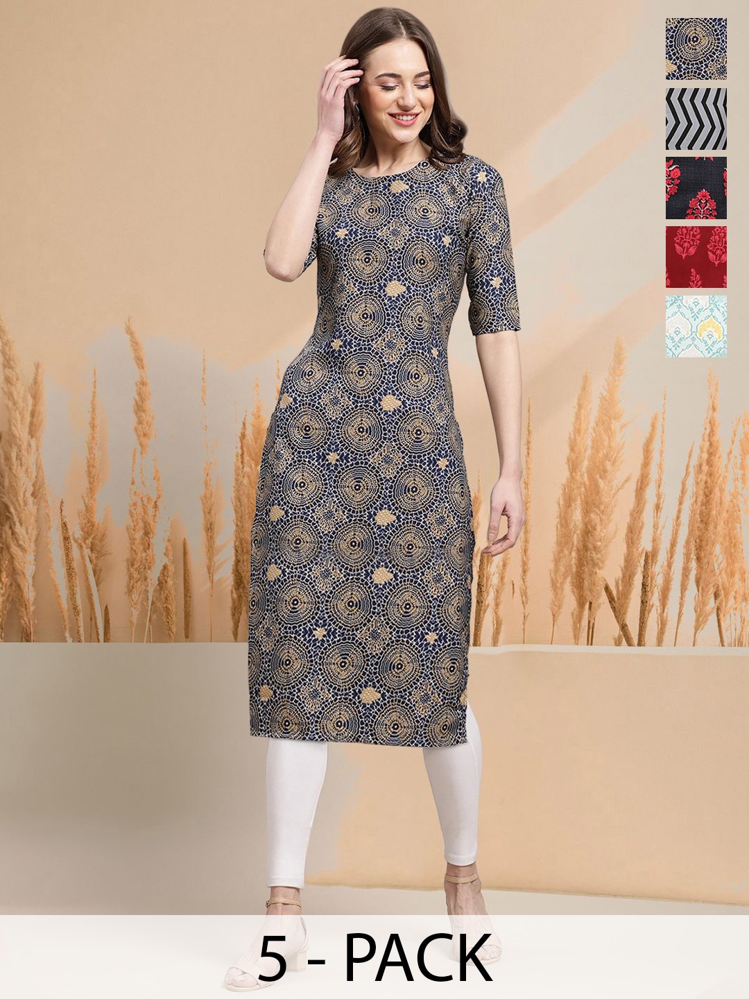 

7Threads Selection Of 5 Floral Printed Round Neck Straight Kurtas, Navy blue