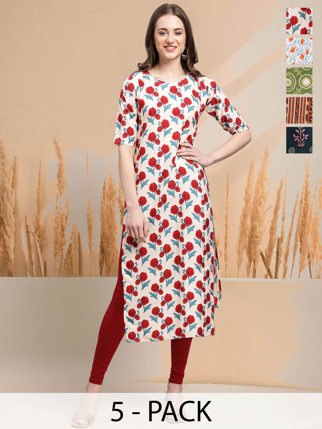 

7Threads Selection of 5 Floral Printed Round Neck Straight Kurtas, White