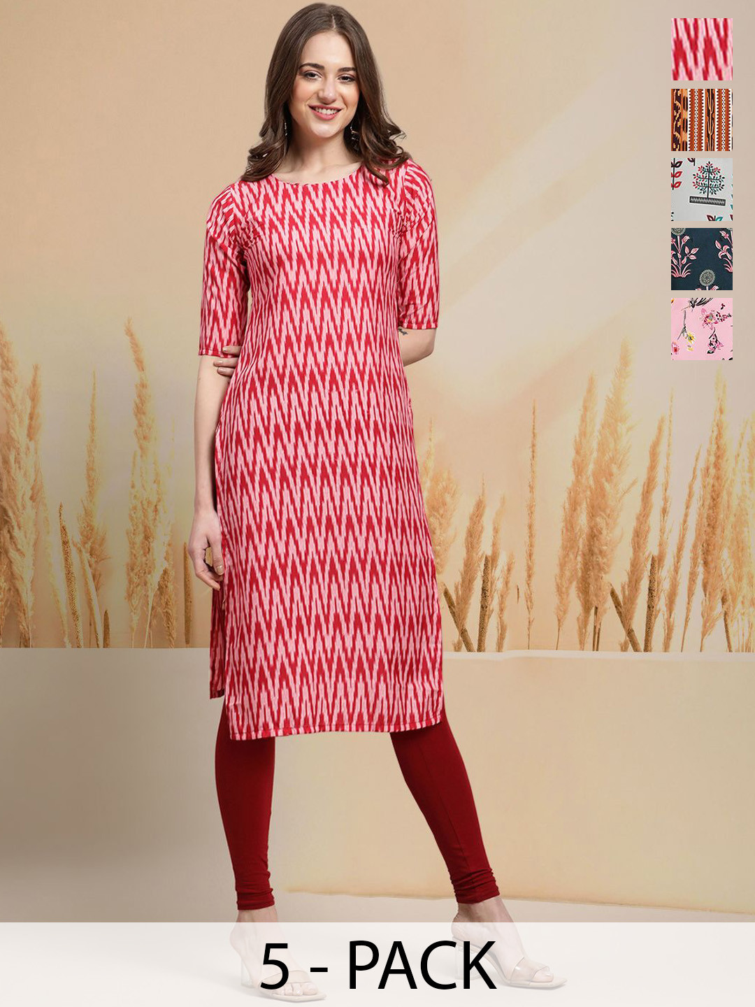 

7Threads Selection Of 5 Chevron Printed Round Neck Straight Kurtas, Pink