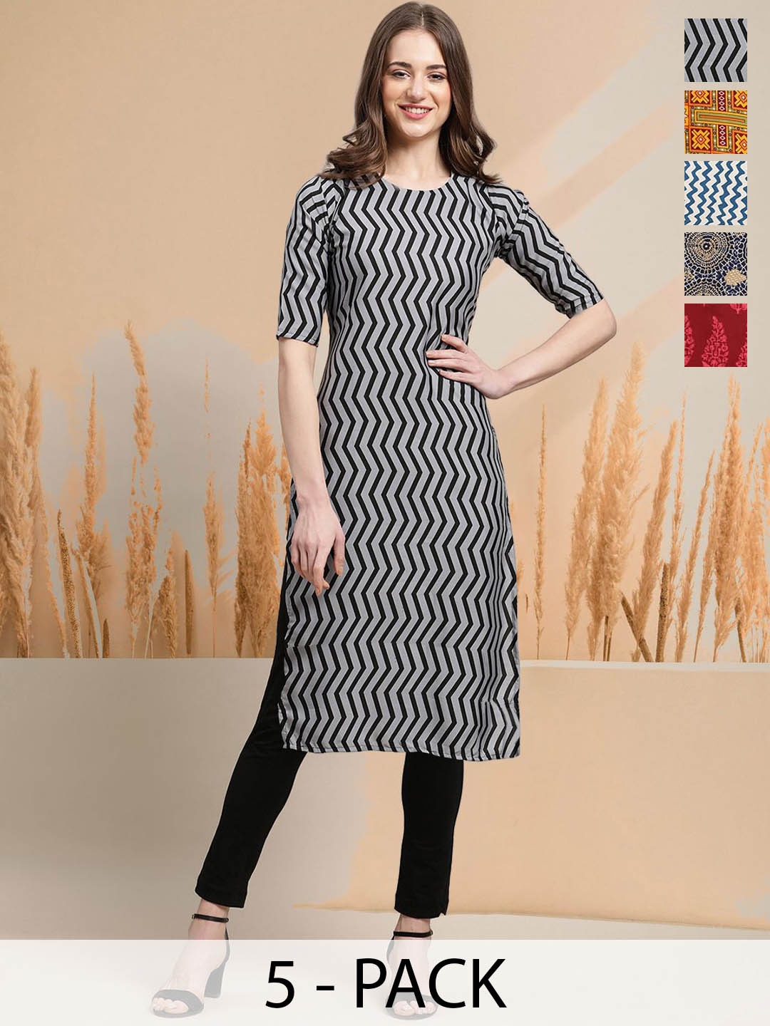 

7Threads Selection Of 5 Chevron Printed Round Neck Straight Kurtas, Black