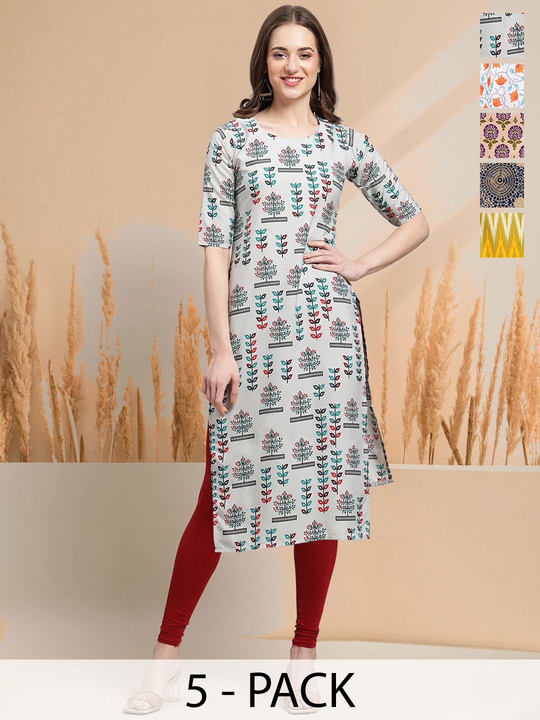 

7Threads Selection of 5 Floral Printed Round Neck Straight Kurtas, Blue