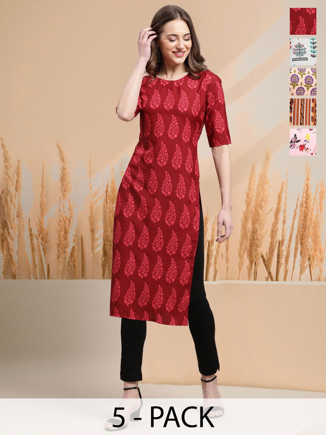 

7Threads Selection Of 5 Floral Printed Round Neck Straight Kurtas, Red