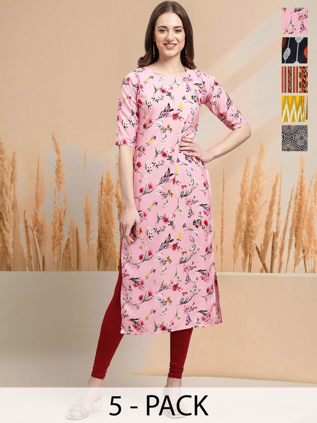 

7Threads Selection of 5 Floral Printed Round Neck Straight Kurtas, Pink