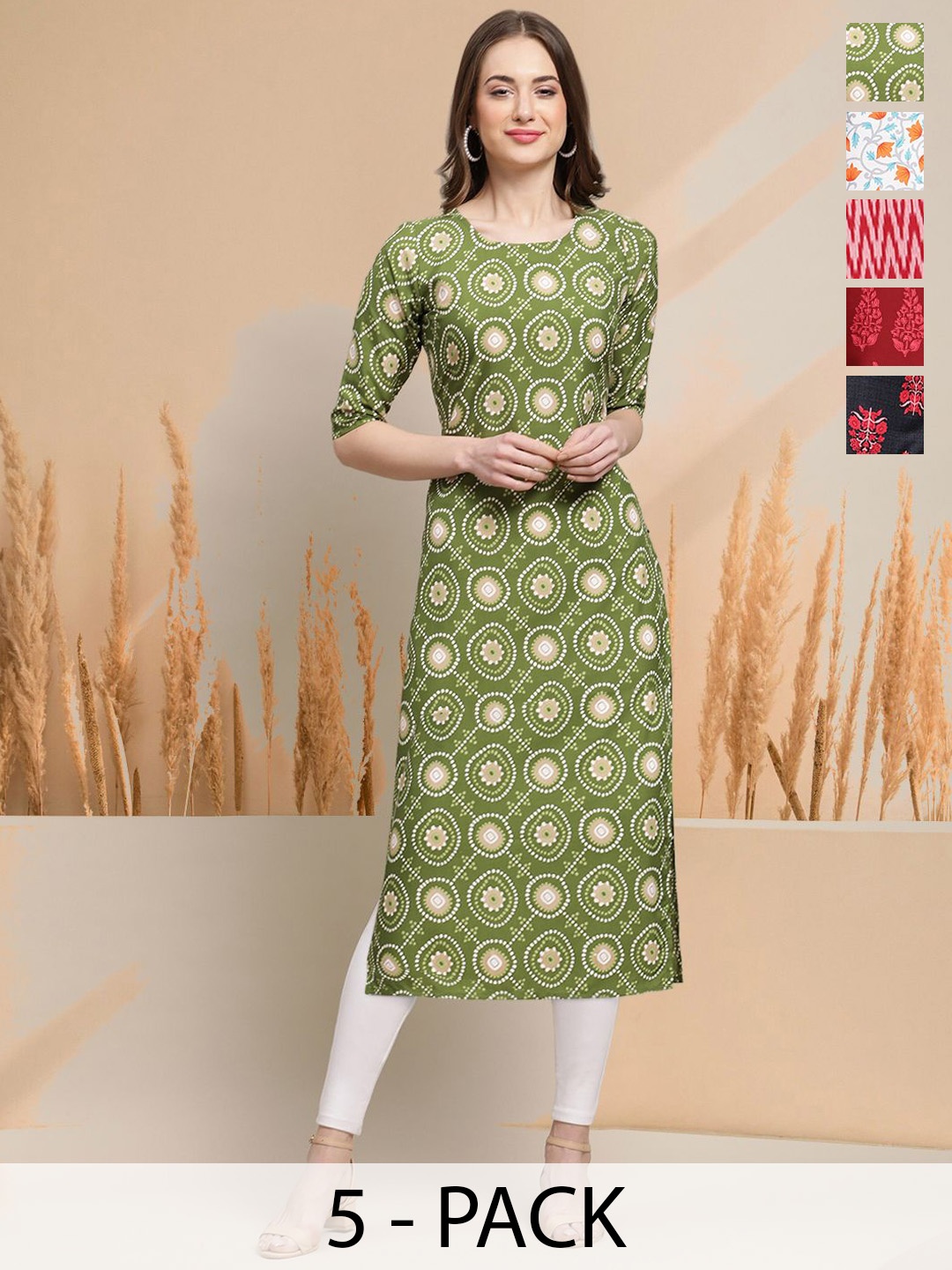 

7Threads Selection Of 5 Floral Printed Round Neck Straight Kurtas, Green