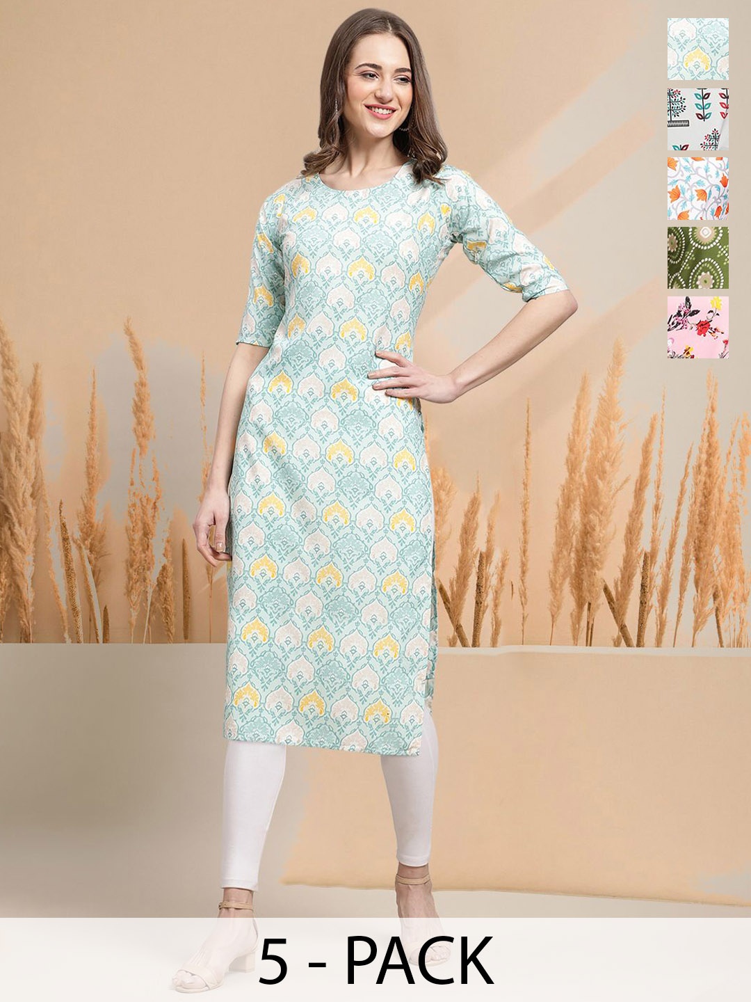 

7Threads Selection Of 5 Ethnic Motifs Printed Round Neck Straight Kurtas, Sea green